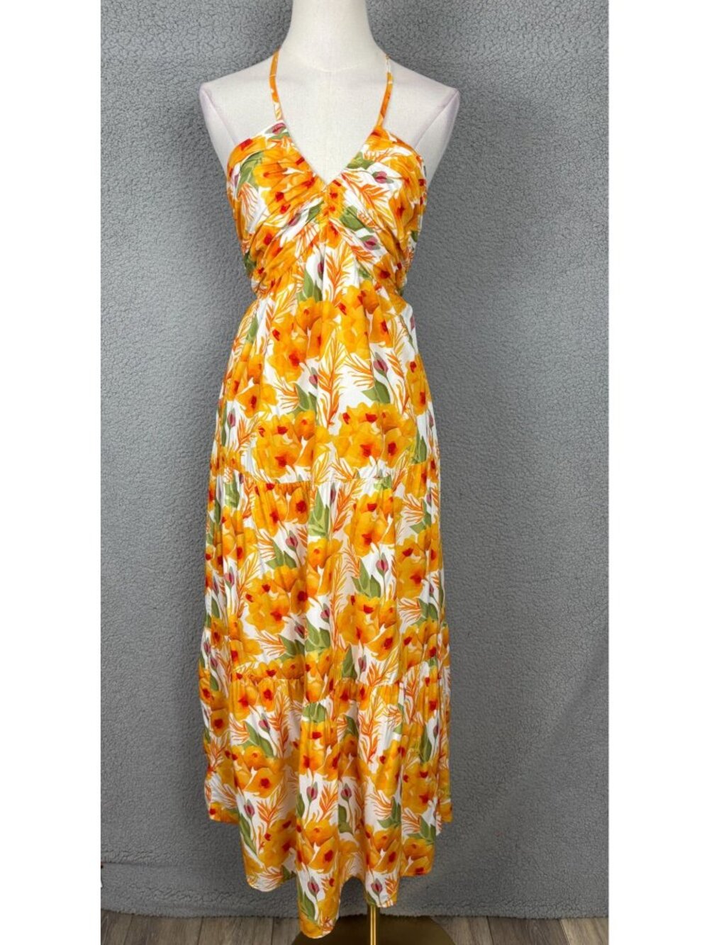 AmySister Women's Floral Halter Tiered Midi Dress with Pockets Multi Small NWT's